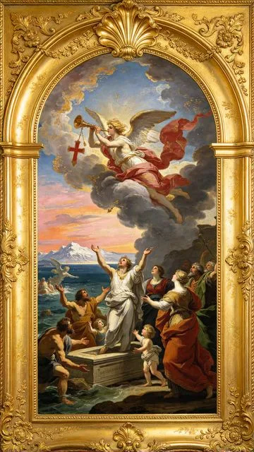 Judgement tarot card, painted in a Baroque ceiling style