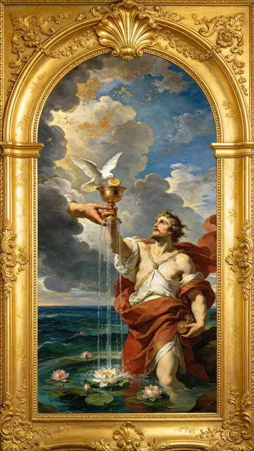 Ace of Cups tarot card, painted in a Baroque ceiling style