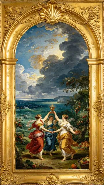 Three of Cups tarot card, painted in a Baroque ceiling style