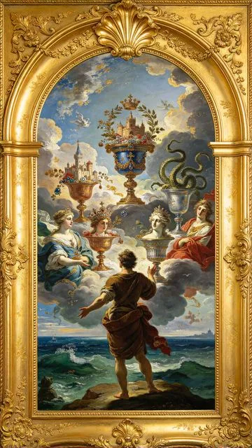 Seven of Cups tarot card, painted in a Baroque ceiling style