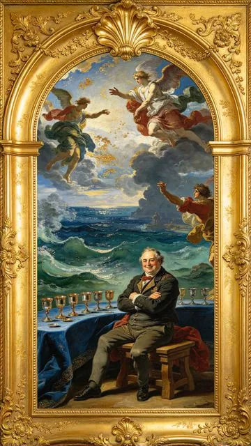 Nine of Cups tarot card, painted in a Baroque ceiling style