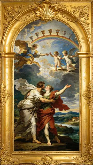 Ten of Cups tarot card, painted in a Baroque ceiling style