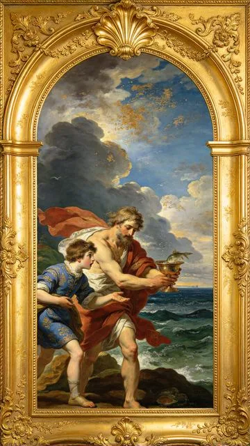 Page of Cups tarot card, painted in a Baroque ceiling style