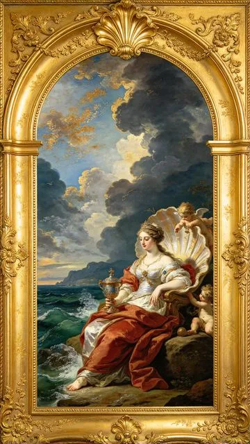 Queen of Cups tarot card, painted in a Baroque ceiling style