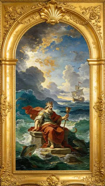 King of Cups tarot card, painted in a Baroque ceiling style