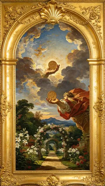 Ace of Pentacles tarot card, painted in a Baroque ceiling style