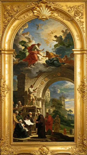 Three of Pentacles tarot card, painted in a Baroque ceiling style