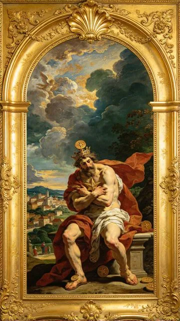 Four of Pentacles tarot card, painted in a Baroque ceiling style