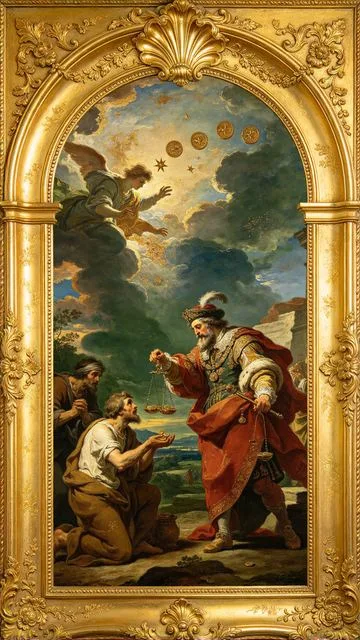 Six of Pentacles tarot card, painted in a Baroque ceiling style