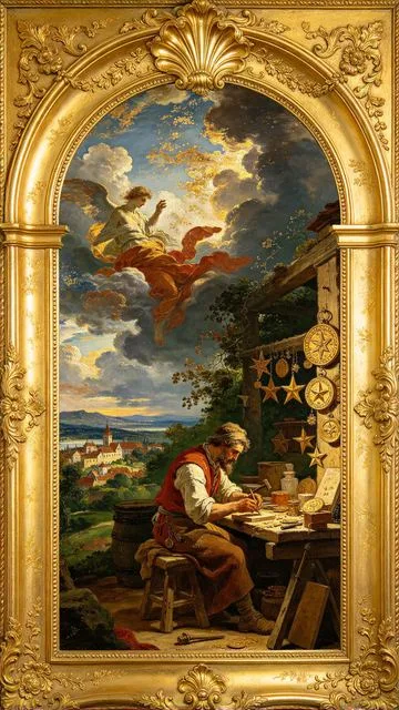 Eight of Pentacles tarot card, painted in a Baroque ceiling style