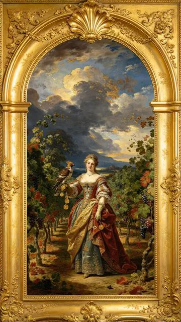 Nine of Pentacles tarot card, painted in a Baroque ceiling style