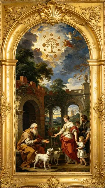 Ten of Pentacles tarot card, painted in a Baroque ceiling style