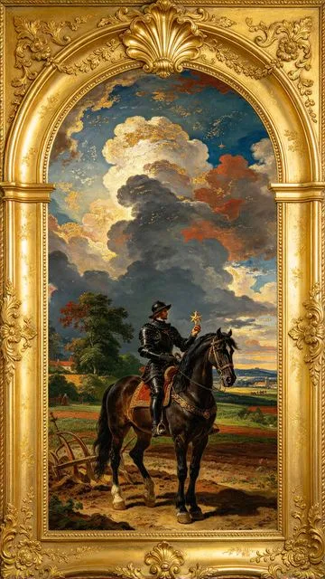 Knight of Pentacles tarot card, painted in a Baroque ceiling style