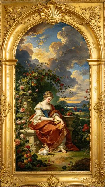 Queen of Pentacles tarot card, painted in a Baroque ceiling style