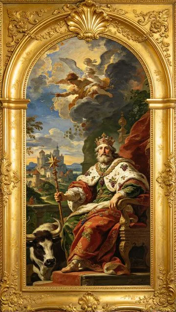 King of Pentacles tarot card, painted in a Baroque ceiling style