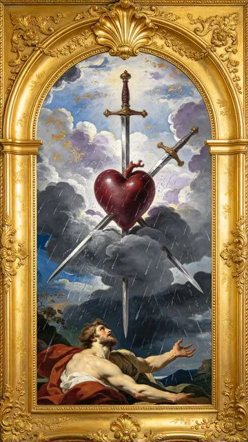 Three of Swords tarot card, painted in a Baroque ceiling style