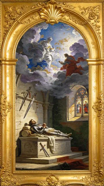 Four of Swords tarot card, painted in a Baroque ceiling style