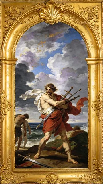 Five of Swords tarot card, painted in a Baroque ceiling style