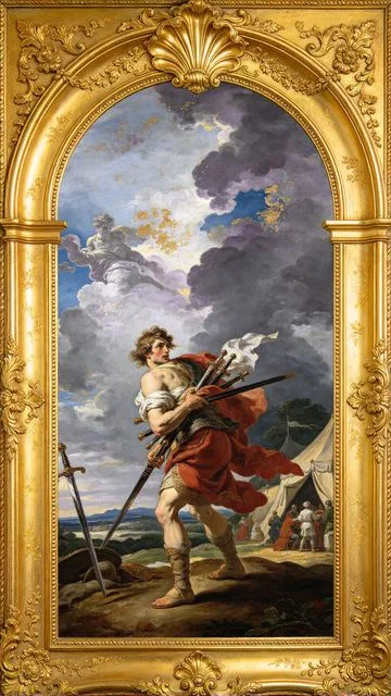 Seven of Swords tarot card, painted in a Baroque ceiling style
