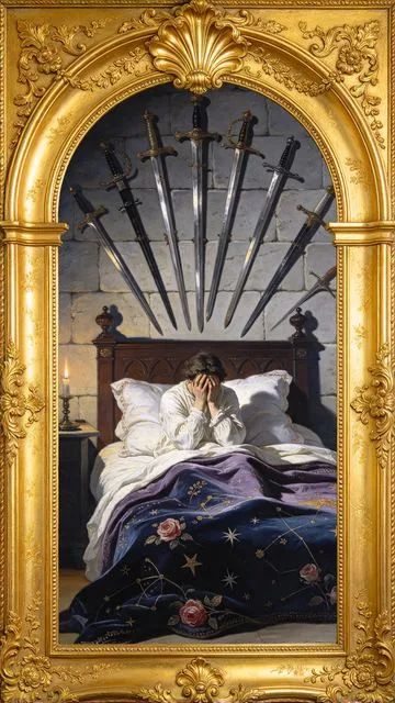 Nine of Swords tarot card, painted in a Baroque ceiling style