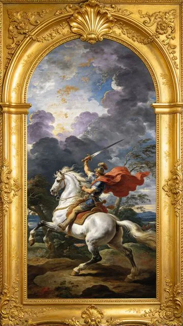 Knight of Swords tarot card, painted in a Baroque ceiling style