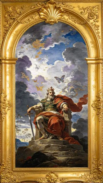 King of Swords tarot card, painted in a Baroque ceiling style