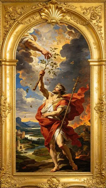 Ace of Wands tarot card, painted in a Baroque ceiling style