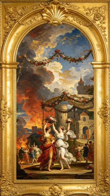Four of Wands tarot card, painted in a Baroque ceiling style