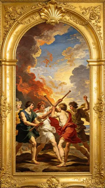 Five of Wands tarot card, painted in a Baroque ceiling style