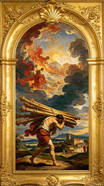Ten of Wands tarot card, painted in a Baroque ceiling style