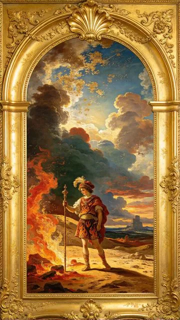 Page of Wands tarot card, painted in a Baroque ceiling style