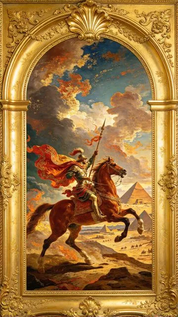 Knight of Wands tarot card, painted in a Baroque ceiling style